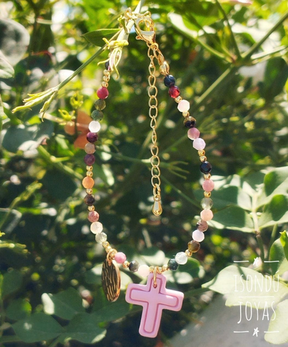 Pulsera Piedras Naturales y Acero Inoxidable con Cruz en Arcilla Polimérica