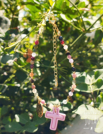 Pulsera Piedras Naturales y Acero Inoxidable con Cruz en Arcilla Polimérica