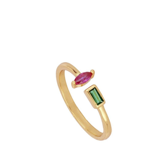Ring mit Natursteinen, grünen und rosafarbenen Ayutthaya-Zirkonia, aus 925er Silber und 18 Karat vergoldet