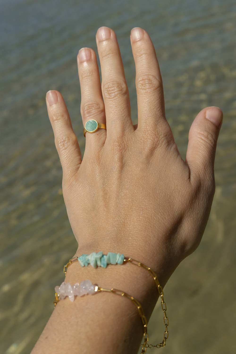 Cascais Amazonite Natural Stone Ring in 925 Silver and 18k Gold Plated