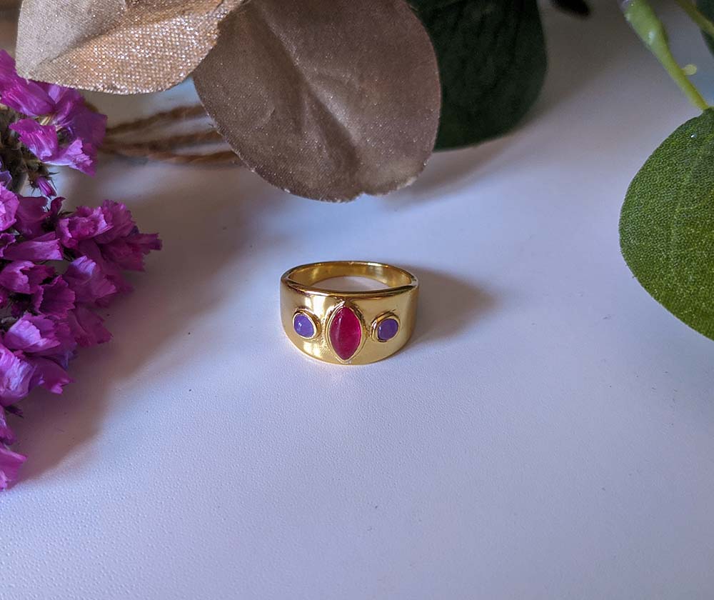 Ring with Natural Fuchsia Jade and Violet Deva Stones in Sterling Silver and 18k Gold plating