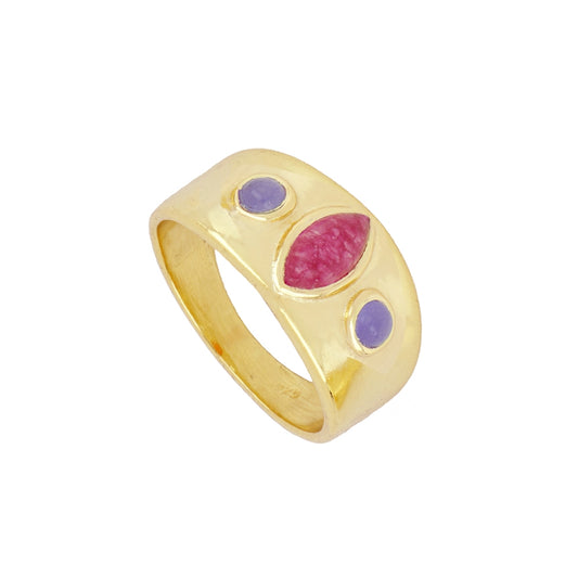 Ring with Natural Fuchsia Jade and Violet Deva Stones in Sterling Silver and 18k Gold plating