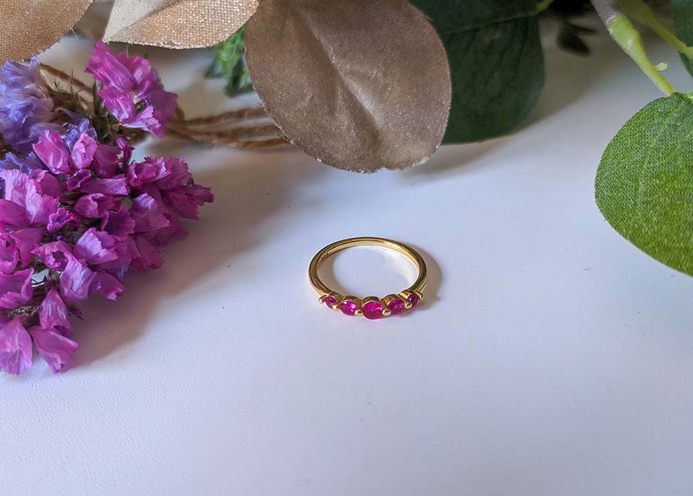 Ring with Natural Stones Ruby/Raspberry Zirconia Crown in 925 Silver and 18k Gold plating