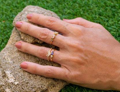 Panambi-Ring mit Natursteinen, weißem Zirkonia, 925er Silber, 18 Karat vergoldet