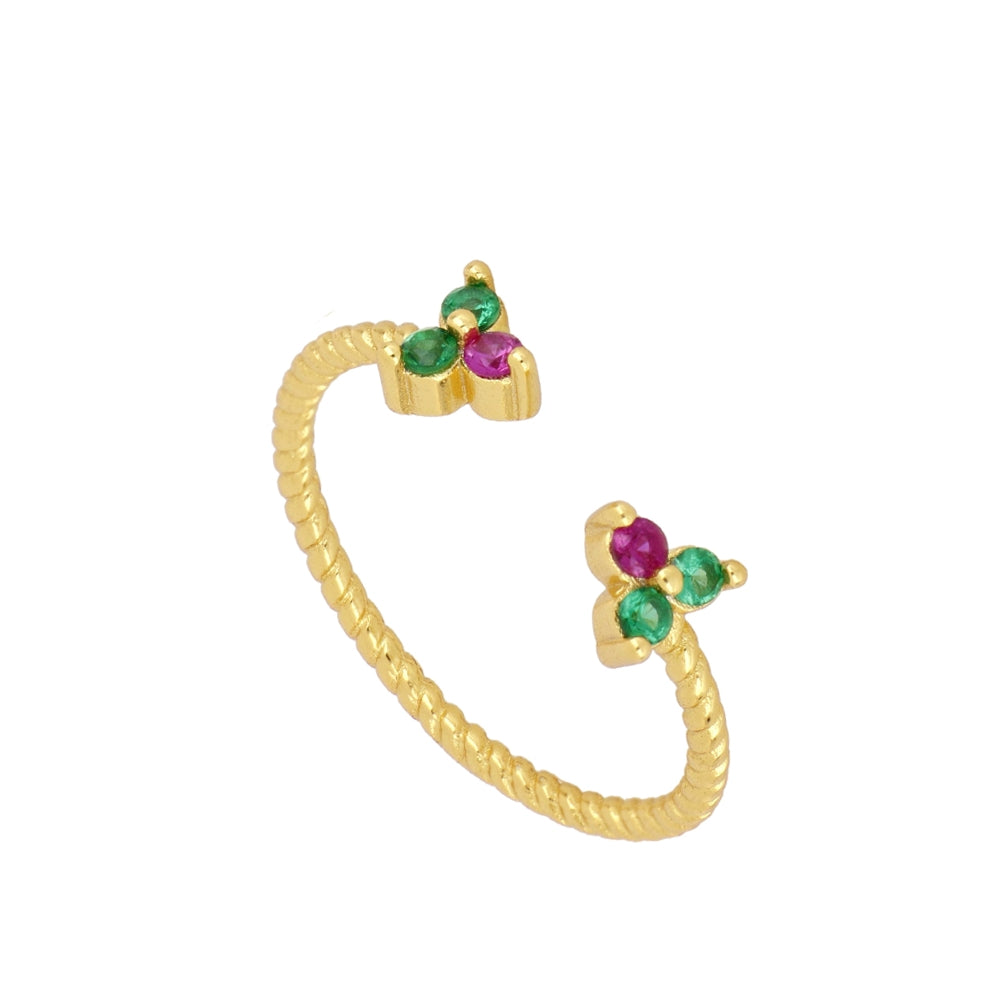 Ring with Natural Stones Green Zirconia and Ruby Watermelon Trebol in 925 Silver and 18k Gold plating