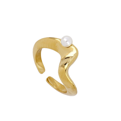 Waves Stainless Steel Ring with Natural Pearl and 18 Kt Gold plating.