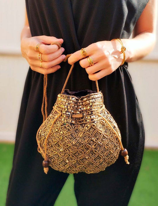 Kaira Black and Gold Bucket Bag