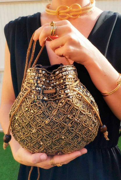 Kaira Black and Gold Bucket Bag