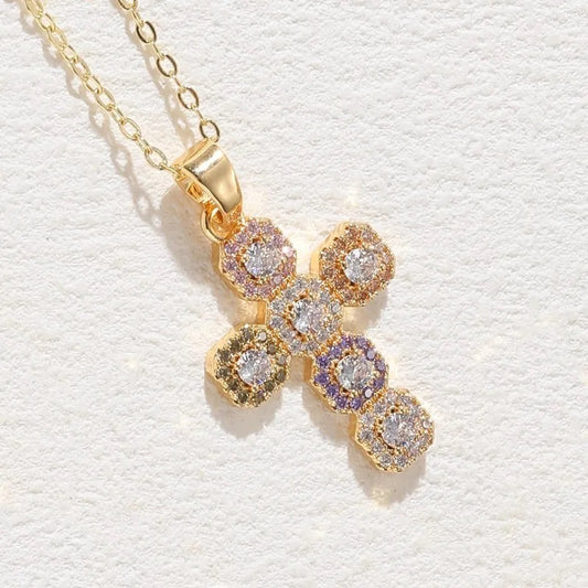 Stainless Steel Necklace with Cross with Colored Zirconia Crux Aurea