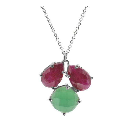 Necklace with Natural Stones Red Jade and Green Chalcedony Catrice in 925 Sterling Silver