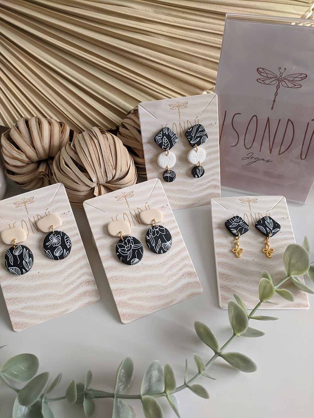 Handmade Polymer Clay Earrings Black and white Gold Monochrome