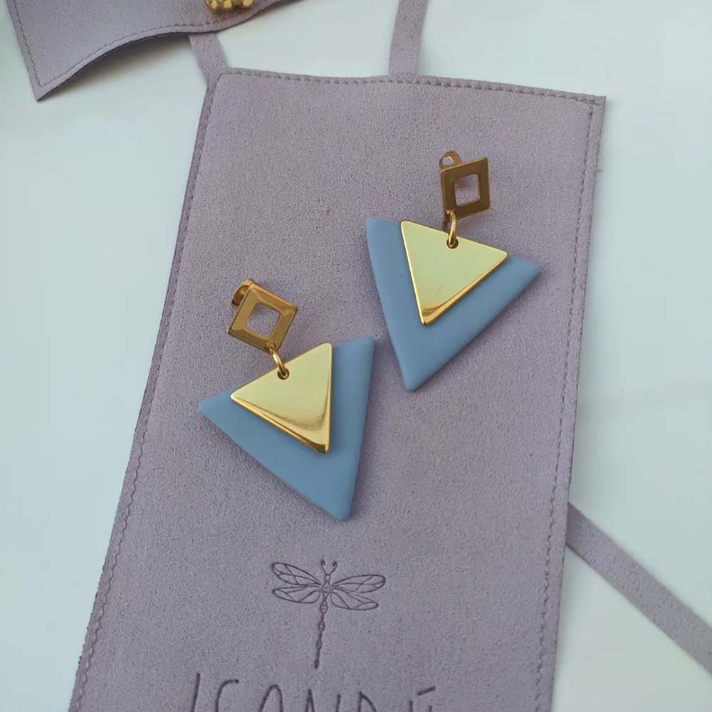 Sky Blue Polymer Clay Handmade Earrings Gold&Blue Triangles