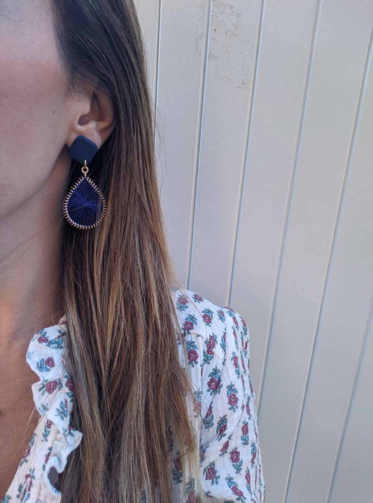 Blaue handgefertigte Ohrringe aus Makramee-Polymer-Ton Yansıma