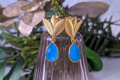 Earrings with Natural Stones Lilium Blue Chalcedony in Sterling Silver with 18 kt Gold plating