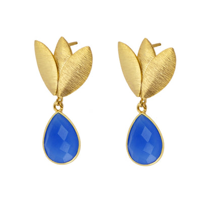 Boucles d'oreilles avec Pierres Naturelles Lilium Calcédoine Bleu en Argent Massif avec Plaquage Or 18 kt