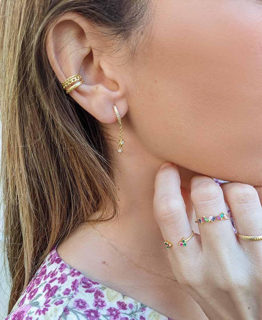 Boucles d'oreilles avec pierres de zircon Twin Stars en argent 925 plaqué or 18 carats