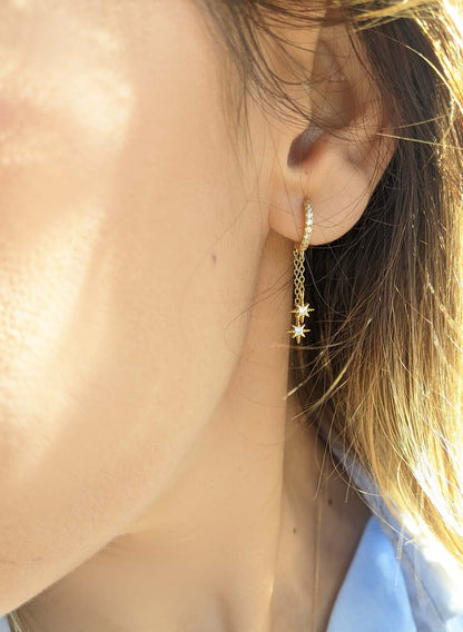 Boucles d'oreilles avec pierres de zircon Twin Stars en argent 925 plaqué or 18 carats