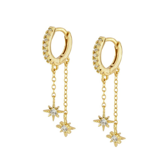 Earrings with Twin Stars Zircon Stones in 925 Silver 18 kt Gold Plated