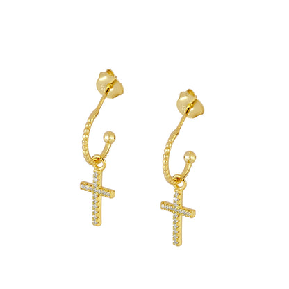 Cross Earrings with Zircon Stones in 925 Silver 18 kt Gold Plated