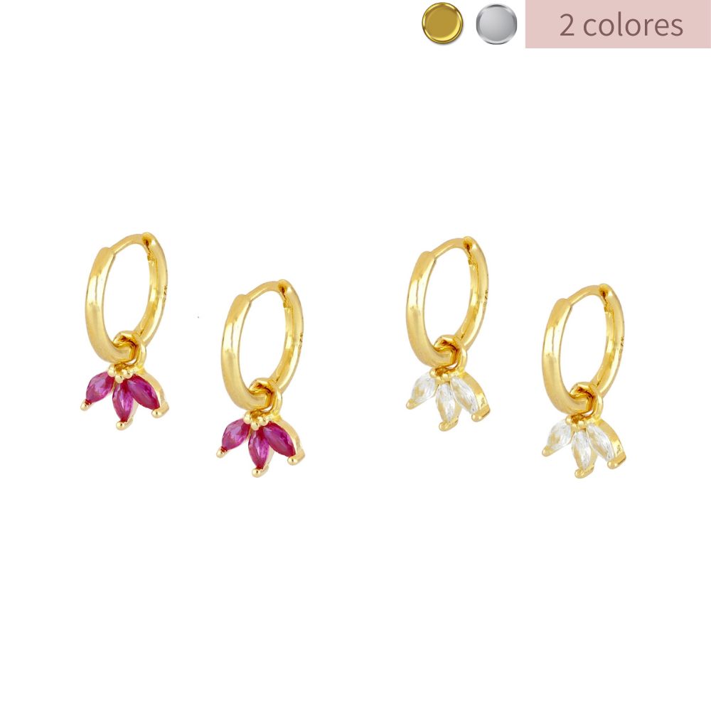 Earrings with White or Fuchsia Zirconia Stones Triple Leaf in 925 Silver 18 kt Gold Plated