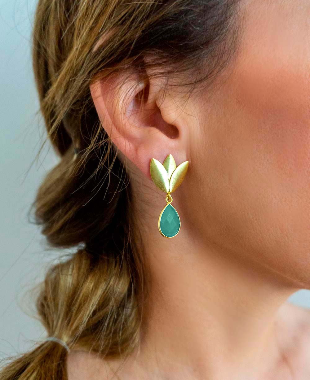 Earrings with Natural Stones Lilium Chalcedony Aqua in Sterling Silver with 18 kt Gold plating