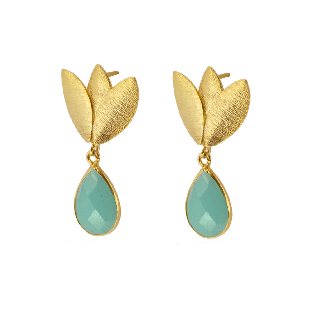 Boucles d'oreilles avec pierres naturelles Lilium Calcédoine Aqua en argent sterling avec placage en or 18 carats