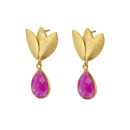 Earrings with Natural Stones Fuchsia Lilium Quartz in Sterling Silver with 18 kt Gold plating