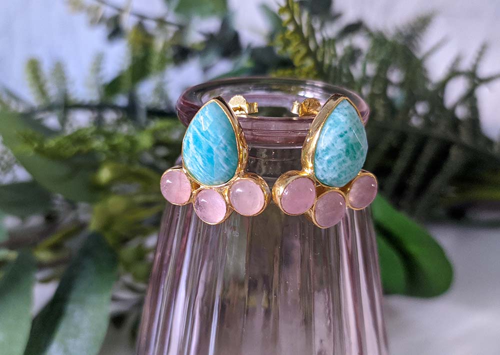 Ohrringe mit Natursteinen Rosa Quarz und Amazonit Victoria in 925er Silber vergoldet