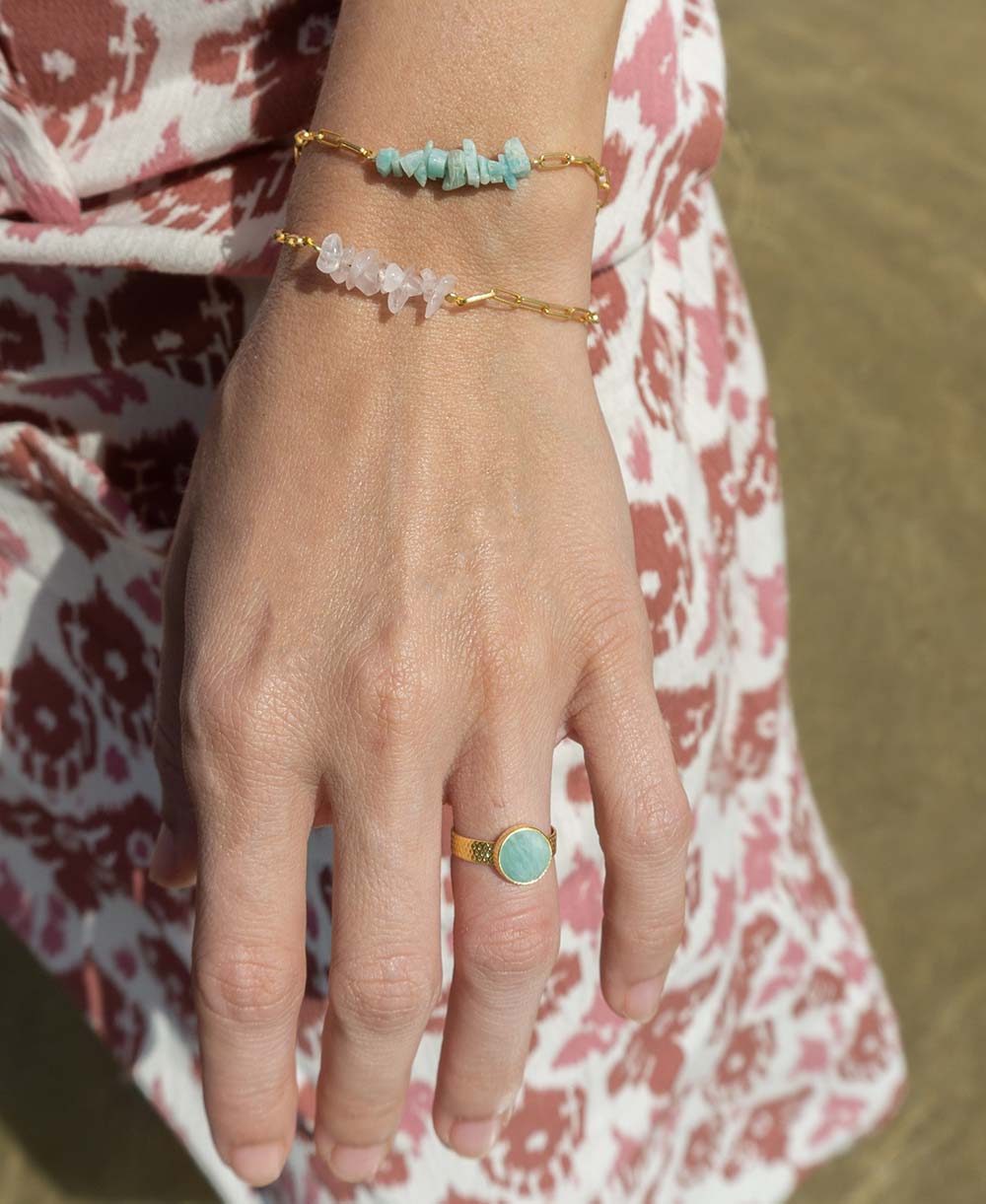 Alana Bracelet with Natural Amazonite Stones in Sterling Silver with 18 kt Gold plating.