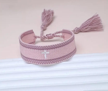 Bracelet en coton tissé détail croix communion/baptême